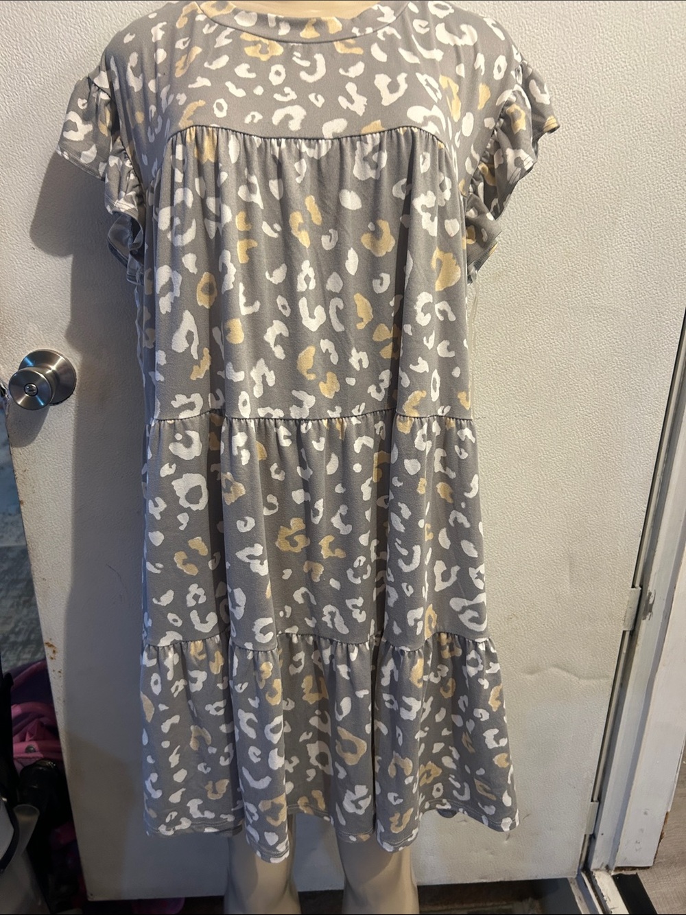 Girls Tiered Leopard Print Dress in Gray and Cream